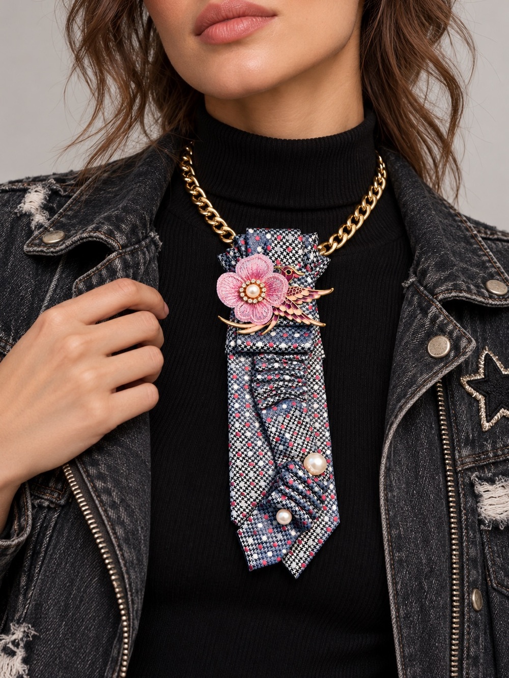 Handmade Houndstooth Necktie Necklace with Pink Flower Brooch